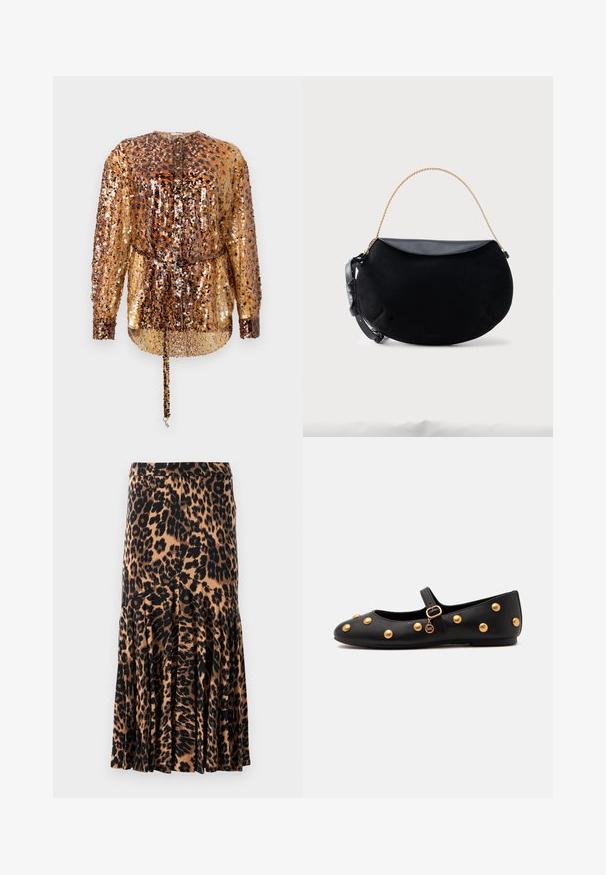 Rabanne Blouse - hairy/brown/black; Jupe en imprimé léopard en tissu doux et soyeux avec un ourlet évasé, présentant un fond beige orné de taches noires et marron foncé.; Chaussure plate Mary Jane noire avec des clous ronds dorés, une bride à boucle dorée et un petit charme doré suspendu à la bride.; Sac à main noir en forme de croissant avec rabat en cuir lisse, anse chaîne dorée et sangle en cuir noir réglable sur fond blanc.