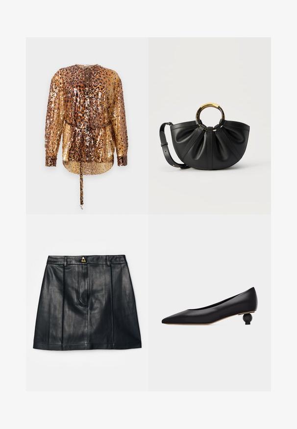 Rabanne Pluus - hairy/brown/black; AERON RUDENS SKIRT - A-lõikeline seelik - black; Must kõrge kontsaga jalanõu, millel on ainulaadne ümar skulptuurne konts ja sile nahast ülaosa, külje pealt valgel taustal.; Mustast nahast käekott volditud detailidega, kuldse ja kilpkonnakujulise ringikujulise sangaga ning reguleeritava õlarihmaga valgel taustal.