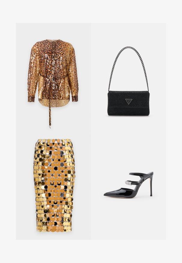 Rabanne Blouse - hairy/brown/black; Rabanne Jupe crayon - brown/black; Mule à talon haut en cuir verni noir avec un embout pointu, deux bandes traversant le pied, l'une ornée de strass, sur fond blanc.; Sac à main noir perlé avec une surface texturée, doté d'une bandoulière en chaîne et d'une plaque logo triangulaire à l'avant. Forme rectangulaire compacte.