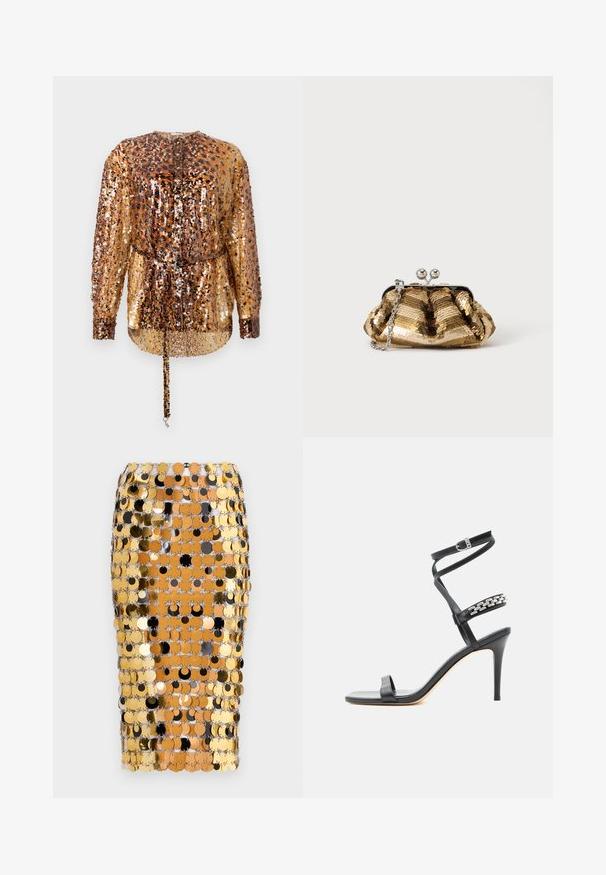 Rabanne Bluse - hairy/brown/black; Rabanne Bleistiftrock - brown/black; Schwarze Sandalette mit hohem Absatz, schlankem Knöchelriemen, Mittelriemen verziert mit silbernen Kettengliedern und offenem Zehendesign.; Kleine goldene Pailletten-Clutch mit silbernem Verschluss und kurzem silbernem Kettenhenkel auf einfarbig hellem Hintergrund.