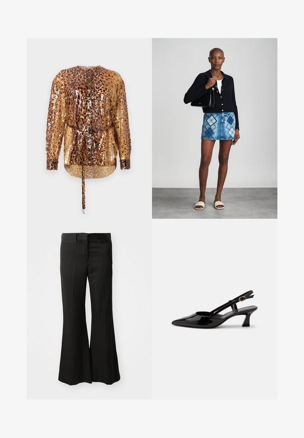 Rabanne Blusa - hairy/brown/black; Pantalones de tiro medio en negro, acampanados y confeccionados en un material suave, que cuentan con un diseño limpio y ajustado sin adornos visibles.; Zapato slingback de charol negro con tacón bajo, punta puntiaguda y correa ajustable con hebilla dorada sobre fondo blanco.; Cárdigan negro de punto, blusa blanca, falda de mezclilla con patrón de diamantes en azul y negro, bolso negro y sandalias deslizantes beige.