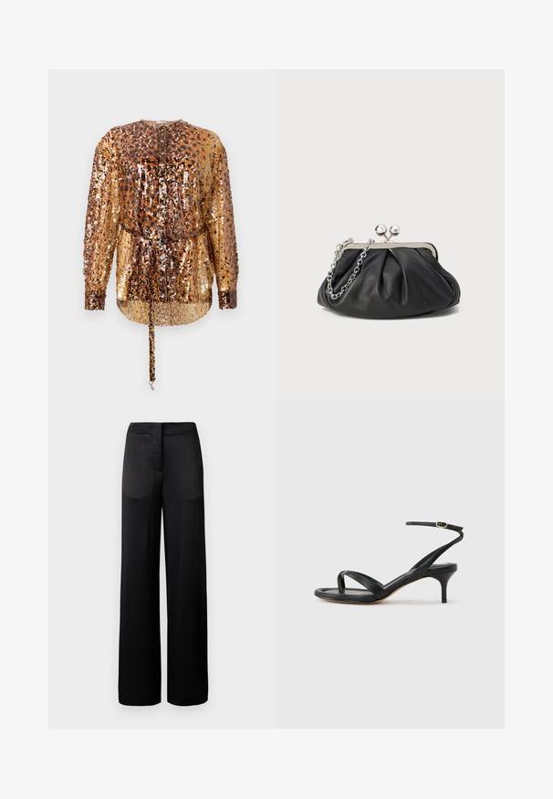 Rabanne Blouse - hairy/brown/black; Zwarte wijdvallende broek met een gestructureerd oppervlak, voorzien van een platte tailleband en twee zijzakken. De stof lijkt licht en vloeiend.; Zwarte leren dames sandaal met dunne bandjes, een teengreep, een enkelgesp en een stilettohak van gemiddelde hoogte op een neutrale achtergrond.; Zwarte leren clutch met geplooide textuur, zilverkleurig metalen frame, drukknopsluiting en kettingriem. Glad, zacht oppervlak.