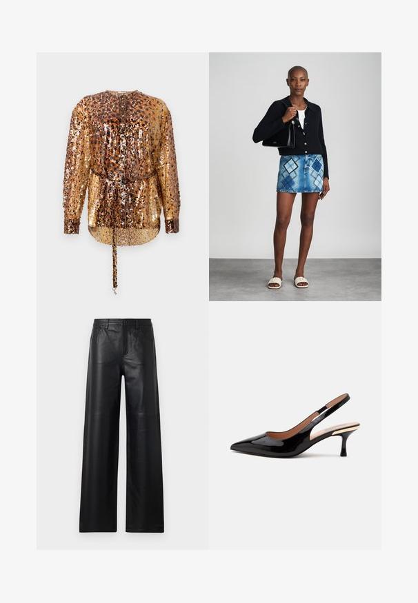 Rabanne Bluse - hairy/brown/black; Bredde ben sorte læderbukser med en glat tekstur, der har frontlommer, knaplukning og subtile syninger.; Sort laklæder slingback pumpe med spids tå og lav kitten hæl på en ens hvid baggrund.; Sort striktrøje, hvid top, denimnederdel med blå og sort diamantmønster, sort håndtaske og beige slidesandaler.