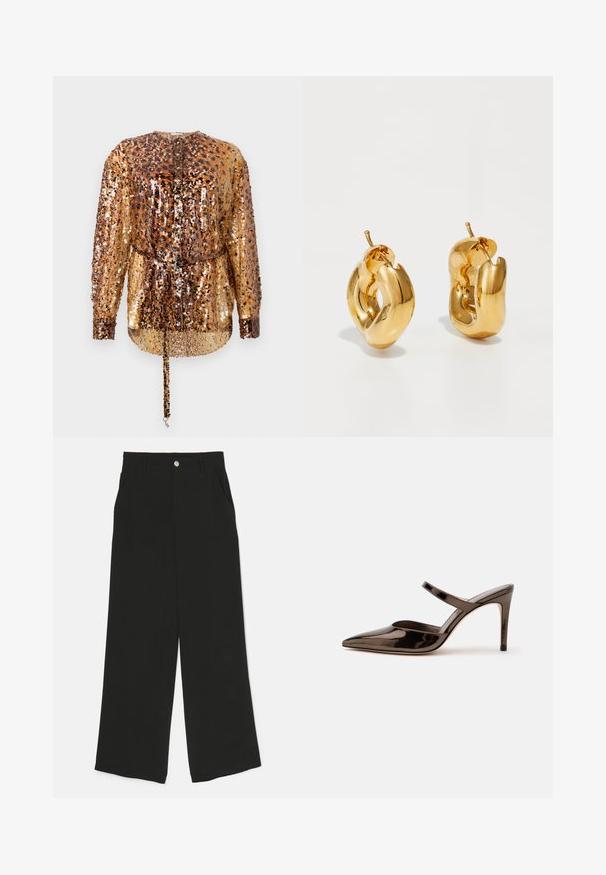 Rabanne Bluse - hairy/brown/black; Schwarze weit geschnittene Hose aus einem Stoff mit glatter Textur, ausgestattet mit Fronttaschen und einem einzelnen Knopfverschluss an der Taille.; Glänzender dunkelbrauner Mule mit spitzer Spitze und hohem Absatz mit schmalem Riemen über dem Spann vor weißem, einfachem Hintergrund.; Fette goldene Creolen mit einem leicht verdrehten, röhrenförmigen Design und Steckverschlüssen auf einem weißen Hintergrund.