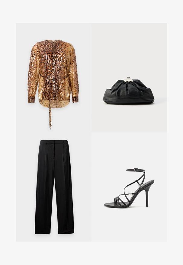 Rabanne Blouse - hairy/brown/black; Zwarte, wijde broek met een gladde stofstructuur, met voorplooien, riemlussen en een ritsgulp.; Zwarte hoge hakken sandaal met dunne banden, een enkelgesp, een gladleren oppervlak en een slanke stilettohak.; Zwarte leren clutch met een geplooide textuur, metalen sluiting en een subtiel geperst logo aan de voorkant. Afgeronde vorm.