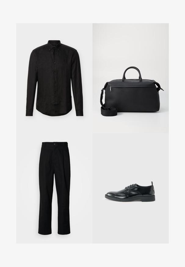Chemise noire à manches longues avec boutons, col classique et logo discret sur le côté gauche de la poitrine, présentée sur un fond uni.; Pantalons noirs à jambes droites avec une taille à bouton, passants de ceinture et pli avant, présentés sur un fond blanc uni.; Chaussure habillée en cuir noir brillant avec un petit talon, fermeture à lacets et bout rond, vue de côté sur un fond uni et clair.; Sac de voyage en cuir noir avec deux poignées supérieures, une bandoulière amovible et une poche avant zippée pour un espace de rangement supplémentaire.