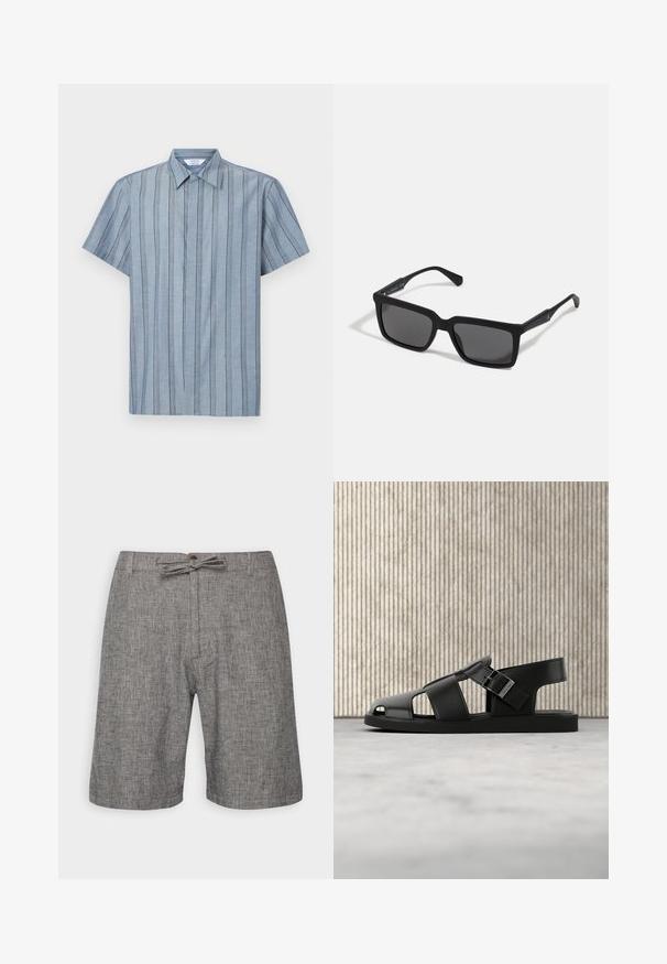 Kurzärmliges Hemd mit Kragen aus hellblauem Stoff mit vertikalen Streifen. Verfügt über ein strukturiertes Muster und einen geraden Saum.; Graue Shorts aus strukturiertem Stoff mit einem Webmuster, elastischem Bund mit Kordelzug und seitlichen Taschen.; Schwarze Ledersandale mit Schnallenriemen, offenem Zehendesign, präsentiert auf beigem Teppich vor unscharfem braunem Möbelhintergrund.; Schwarze Sonnenbrille mit rechteckigen Gläsern, mattem Finish, dickem Rahmen und schlanken Bügeln mit dezentem Branding-Detail.