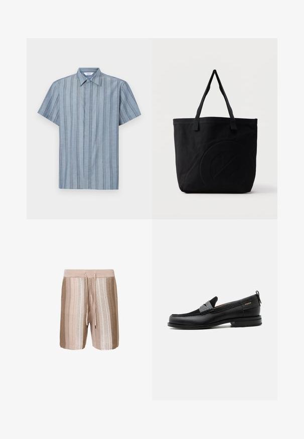 Kortærmet skjorte med krave i lyseblåt stof med lodrette striber. Har et struktureret mønster og lige afslutning.; Beige strikkede badshorts med horisontale striber i lysere nuancer, elastisk talje med snor og struktureret stof.; Sort læderloafer med grå remdetalje, lav hæl og tekstureret sål, mærket med "HUGO" i guld på siden.; Sort canvas-tote-taske med to skulderstropper og et diskret præget cirkeldesign på fronten.