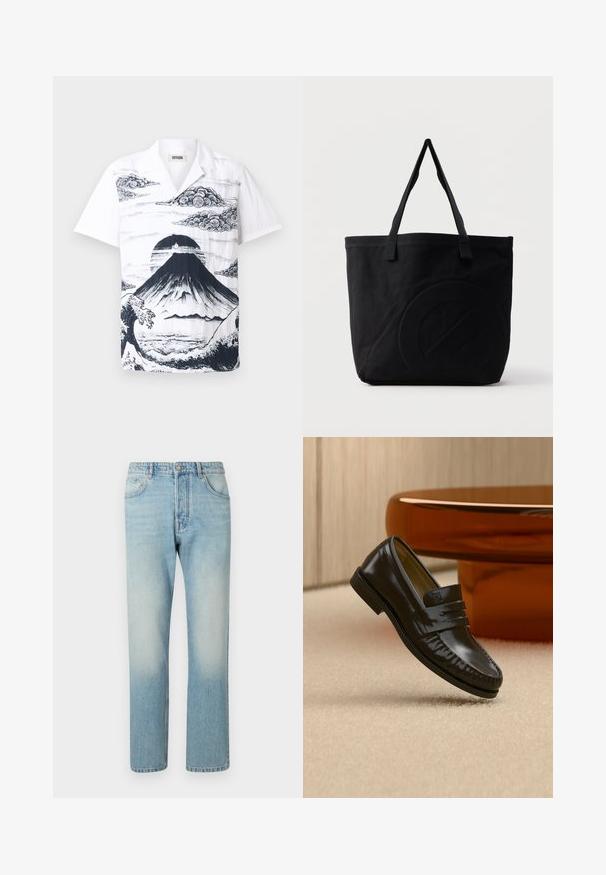 Kortærmet hvid skjorte med en sort illustration af Mount Fuji, omgivet af skyer og bølger. Lavet af letvægtigt stof med en afslappet pasform.; Lyseblå jeans lavet af denim, med et lige ben-design, fem lomme-struktur og falmet vaskeffekt ved lårene.; Skinnende sort læderloafer med remdetalje, placeret på beige tæppe nær et rundt brunt sofabord i et blødt oplyst rum.; Sort canvas-tote-taske med to skulderstropper og et diskret præget cirkeldesign på fronten.