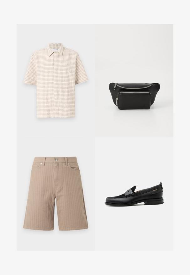 Chemise à manches courtes de couleur beige clair, ornée d'un motif en grille de couleur marron doux, avec des boutons à l'avant et un col classique. Texture du tissu lisse.; Shorts beiges en tissu texturé avec des rayures verticales, une ceinture avec un bouton avant et des poches latérales.; Mocassin en cuir noir avec détail de bride grise, talon bas et semelle texturée, marqué "HUGO" en or sur le côté.; Sac banane en cuir noir avec deux compartiments zippés, texture lisse, forme arrondie et logo embossé sur le devant. Accents en métal argenté.