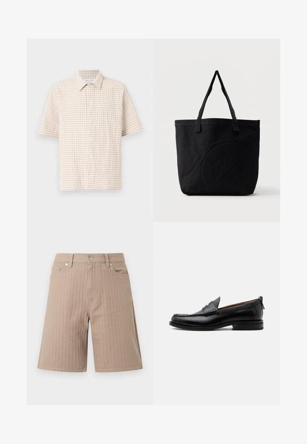Chemise à manches courtes de couleur beige clair, ornée d'un motif en grille de couleur marron doux, avec des boutons à l'avant et un col classique. Texture du tissu lisse.; Shorts beiges en tissu texturé avec des rayures verticales, une ceinture avec un bouton avant et des poches latérales.; Mocassin homme en cuir noir avec couture moc toe, bride penny, col texturé et petit talon empilé sur fond blanc.; Sac fourre-tout en toile noire avec deux bandoulières et un motif circulaire discret en relief sur le devant.
