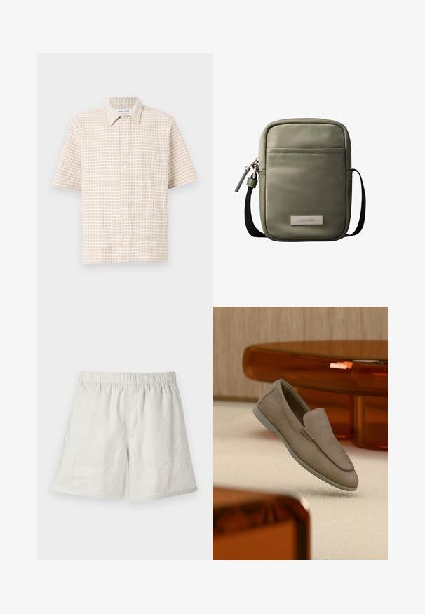 Chemise à manches courtes de couleur beige clair, ornée d'un motif en grille de couleur marron doux, avec des boutons à l'avant et un col classique. Texture du tissu lisse.; Shorts en lin beige clair avec une taille élastique, présentant une coupe décontractée et des coutures minimales pour un design simple et décontracté.; Mocassin beige en daim à enfiler avec coutures visibles et semelle claire, positionné au-dessus d'un tapis crème, avec un meuble translucide orange en arrière-plan.; Sac bandoulière compact vert olive avec poche avant, sangle noire réglable, fermeture zippée et plaque logo Calvin Klein.
