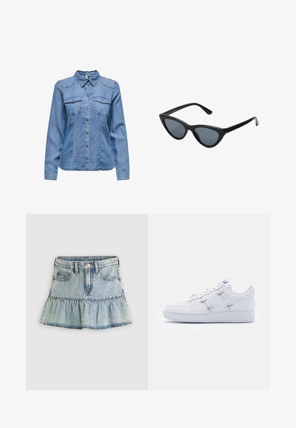 Lys blå denimskjorte med krave, lange ærmer, to brystlommer og sølvfarvede trykknapper foran. Glat tekstur.; Denimnederdel i lyseblå med flæsekant. Har en talje, forlommer og falmet tekstur. Klassisk design med fem lommer.; Nike Sportswear AIR FORCE 1 - Sneakers - white/hyper royal/black; Sorte katteøje solbriller med mørkegrå linser, slankt plastisk stel, spidse hjørner og lige stænger. Ingen synlig hardware eller dekorationer.
