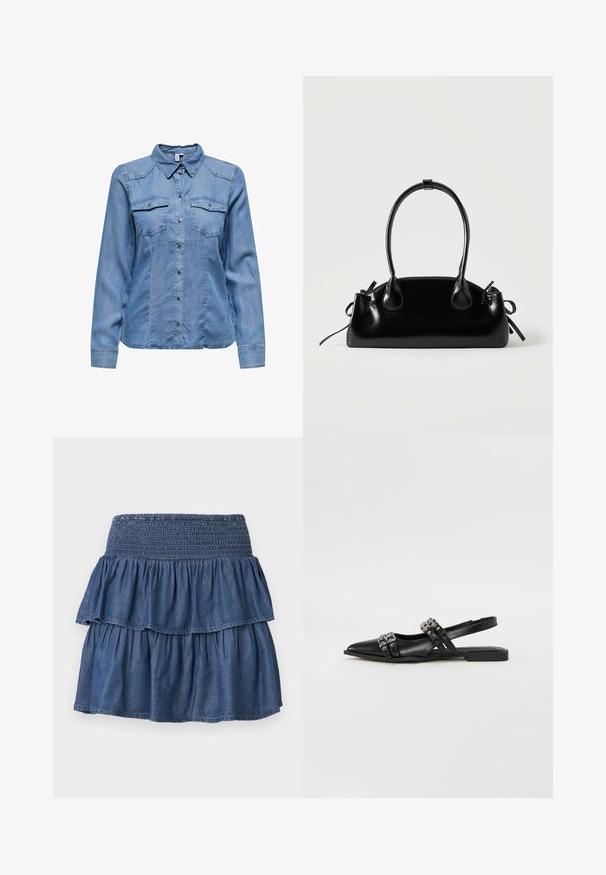 Lys blå denimskjorte med krave, lange ærmer, to brystlommer og sølvfarvede trykknapper foran. Glat tekstur.; Blå lagdelt denimnederdel med bred smocktalje og to opsamlede lag på en ensfarvet baggrund.; Even&Odd by Zalando Slingback-ballerinasko - black; Lille sort blank håndtaske med to lange håndtag og snøre-detaljer i siden på en ensfarvet lys baggrund.