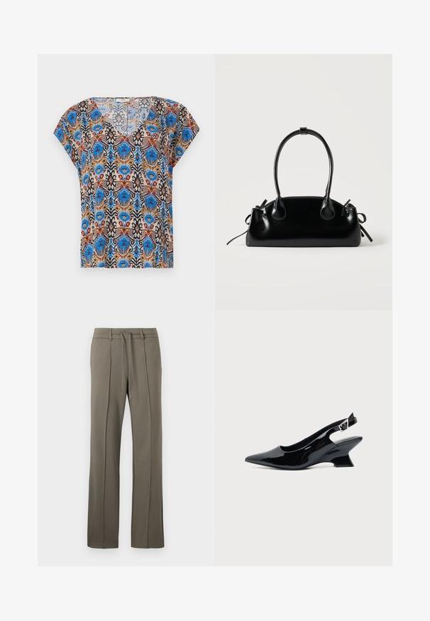 T-shirt à manches courtes avec un motif coloré et complexe, avec des accents bleus, marron, rouges et noirs sur un fond clair. Design en V.; Pantalons kaki avec une coupe droite, taille à cordon de serrage et deux plis sur le devant. Fabriqués dans un tissu doux et texturé.; Chaussure slingback en cuir verni noir avec bout pointu et petit talon bloc incliné sur fond clair uni.; Petit sac à main noir brillant avec deux longues anses et des détails à cordon sur les côtés sur un fond clair uni.