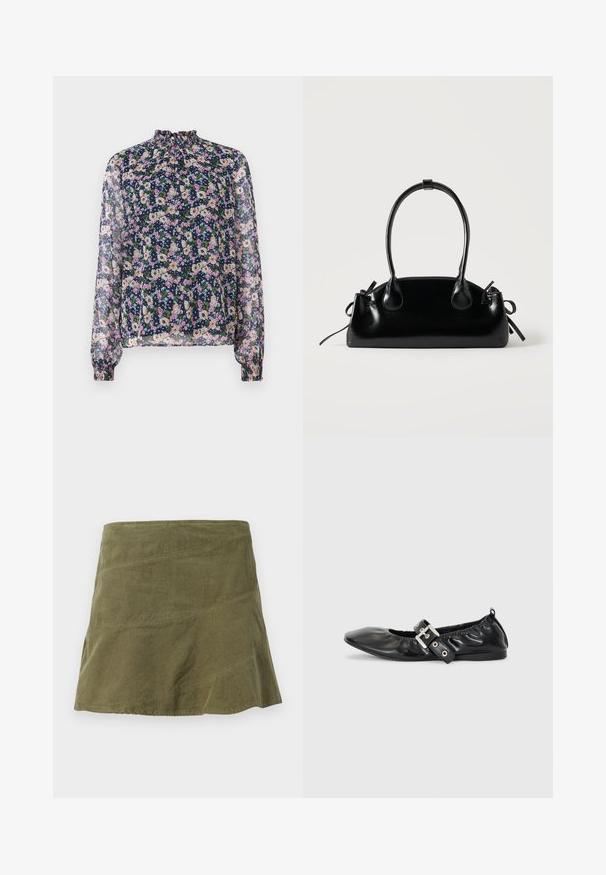 Blouse florale avec un col haut, des manches longues et des poignets élastiques. Tissu transparent avec un fond bleu marine et des motifs de fleurs colorées.; Jupe en velours côtelé vert olive à forme évasée, avec des coutures diagonales et une texture subtile. Modèle mi-long sans fermetures visibles.; Chaussure plate en cuir noir avec un nez pointu, des détails froncés autour de l'ouverture et un accent en boucle argentée sur la bride ajustable.; Petit sac à main noir brillant avec deux longues anses et des détails à cordon sur les côtés sur un fond clair uni.