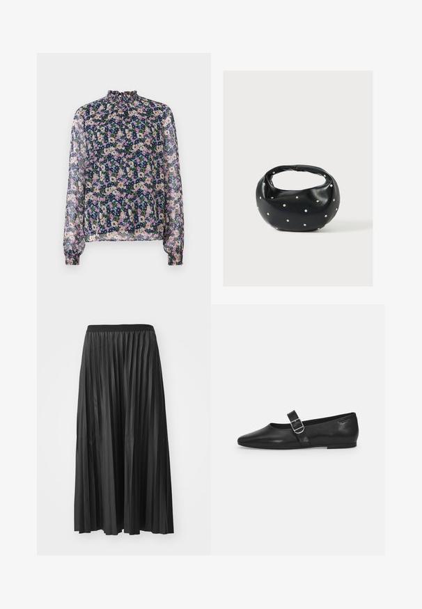 Blouse florale avec un col haut, des manches longues et des poignets élastiques. Tissu transparent avec un fond bleu marine et des motifs de fleurs colorées.; Jupe maxi plissée noire avec une texture lisse et une taille élastique, dotée de plis verticaux qui créent du volume et du mouvement.; Chaussure plate en cuir noir avec un bout arrondi, une seule sangle réglable à boucle et une texture lisse et brillante. Design minimaliste avec un petit talon.; Sac à main en cuir noir de forme arrondie, décoré de clous argentés et équipé d'une poignée courte. Texture lisse et fermeture éclair.