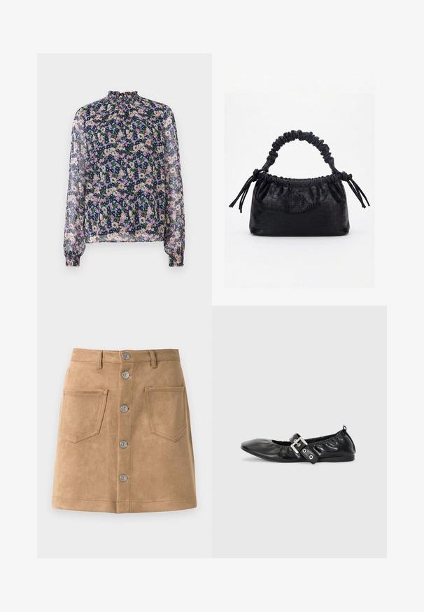 Blusa floral con cuello alto, mangas largas y puños elásticos. La tela transparente presenta un fondo azul marino y coloridos patrones de flores.; Falda de ante color tostado con forma ajustada, cinco botones metálicos en la parte delantera y dos bolsillos frontales, con una textura suave y bordes limpios.; Zapato plano de piel negra con puntera afilada, detalle fruncido alrededor de la abertura y un acento de hebilla plateada en la correa ajustable.; Bolso negro con textura de cocodrilo, borde superior fruncido, asa recogida y cordones con borlas en cada lado sobre un fondo blanco.