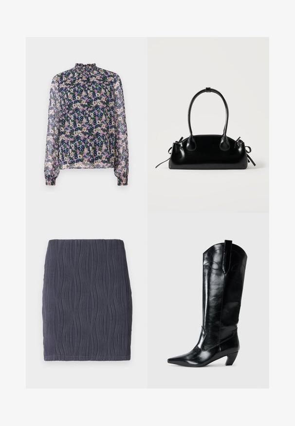 Blouse florale avec un col haut, des manches longues et des poignets élastiques. Tissu transparent avec un fond bleu marine et des motifs de fleurs colorées.; Mini jupe moulante gris foncé avec un motif texturé en vagues et une finition lisse. Conçue avec un ourlet simple et droit.; Bottes en cuir noir montantes jusqu'au genou, avec une pointe effilée, un talon bas, et des détails de couture décoratifs sur les côtés. Fini lisse et brillant.; Petit sac à main noir brillant avec deux longues anses et des détails à cordon sur les côtés sur un fond clair uni.