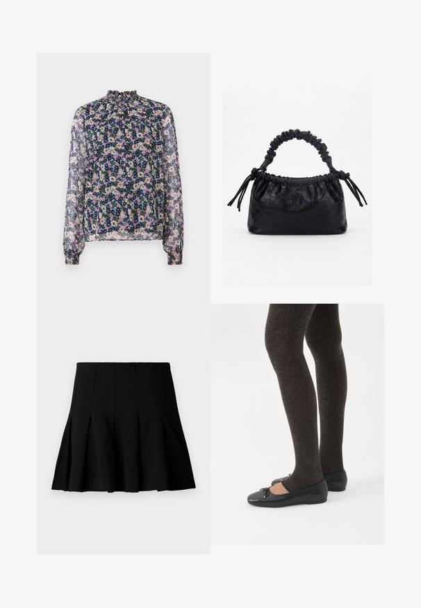 Blouse florale avec un col haut, des manches longues et des poignets élastiques. Tissu transparent avec un fond bleu marine et des motifs de fleurs colorées.; Jupe noire courte plissée en tissu lisse. Dispose d'une taille élastique et d'une silhouette évasée qui s'étend jusqu'au milieu de la cuisse.; Jambes portant des leggings côtelés foncés associés à des ballerines noires avec de petits détails en nœud sur fond blanc.; Sac à main noir avec texture crocodile, bord supérieur froncé, poignée plissée et pompons à cordon de chaque côté sur fond blanc.