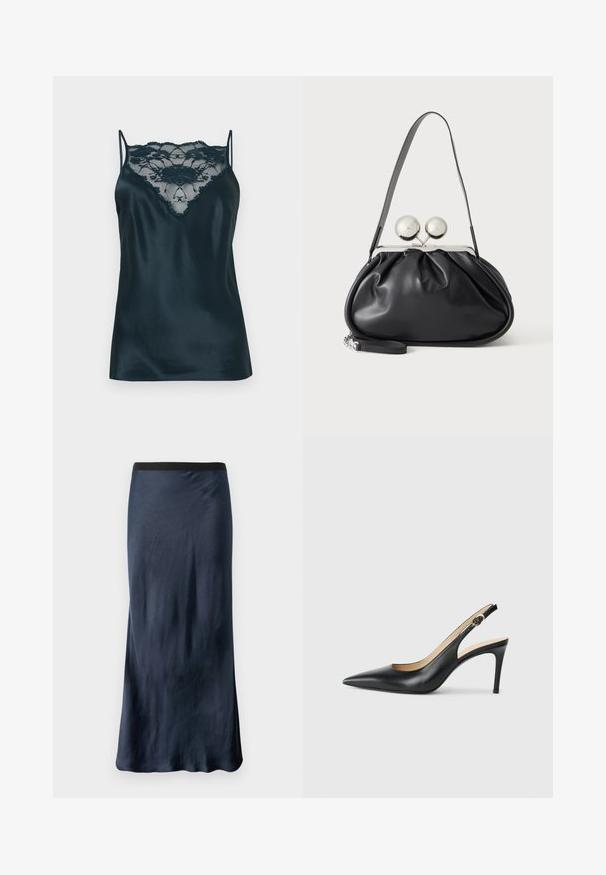 Camisole en satin bleu foncé avec un panneau en dentelle au niveau du décolleté, dotée de fines bretelles réglables et d'une texture lisse.; Jupe A-ligne marine en satin lisse avec une taille élastique noire. Présente un léger éclat et un design longueur sol.; Escarpins en cuir noir avec une pointe fine, une bride ajustable et un talon aiguille élégant, présentant une finition lisse.; Sac à main en cuir noir avec un design plissé, une sangle unique, un cadre métallique argenté et deux grandes fermoirs ronds en argent.
