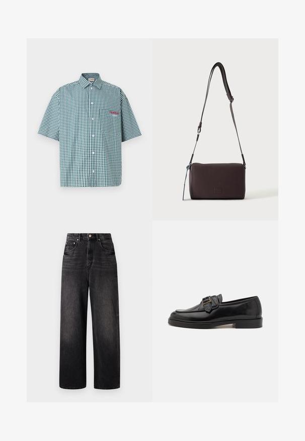 Chemise à manches courtes en vichy vert et blanc. Elle possède un devant à boutons, un col et une poche poitrine avec broderie rouge.; Jeans en denim noir avec une coupe ample, taille haute, cinq poches et une fermeture à bouton visible. Présente un délavage subtil et une coupe droite.; Mocassins en cuir noir avec un bout arrondi et une boucle décorative. Talon plat, solide et texture lisse sur l'ensemble.; Sac bandoulière en cuir marron foncé texturé avec une sangle réglable et un petit accent décoratif bleu sur le côté.
