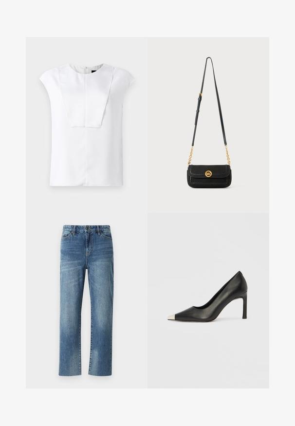 Blusa blanca de manga corta con escote redondo y un detalle en panel frontal rectangular, presentada sobre un fondo liso.; Jeans de mezclilla azul con un diseño de pierna recta, con cierre de botón, bolsillos frontales y una textura desgastada en todo su superficie.; Zapato de tacón alto de cuero negro con punta en forma de pico y una tapa metálica plateada. Presenta un acabado suave y un tacón delgado de 10 cm.; Bolso bandolera de piel negra con detalles de cadena dorada y correa ajustable, con un emblema redondo de logo dorado en la solapa frontal.