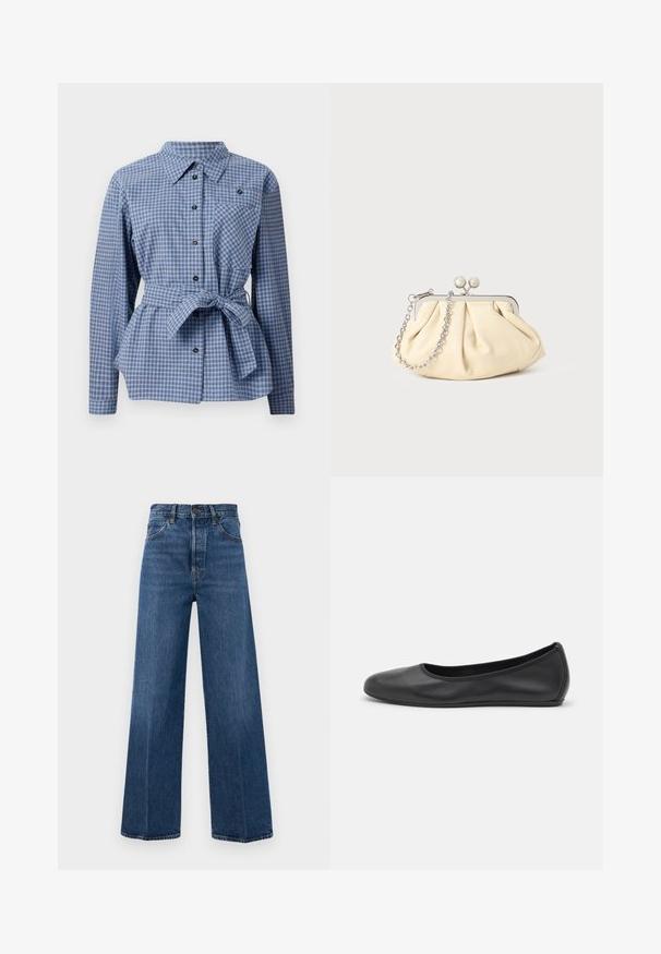Chemise à carreaux bleue et blanche avec un front boutonné, des manches longues, une taille ceinturée et une poche poitrine. Elle présente des boutons noirs et un col bien net.; Jean bleu à jambes larges en denim avec taille haute, poches avant et couture contrastante. Le tissu a une texture lisse.; Ballerines en cuir noir avec un bout rond, texture lisse, détails de couture minimalistes et design de semelle flexible.; Pochette en cuir beige plissé avec un cadre en métal argenté, dotée de deux fermoirs ronds décoratifs et d'une chaîne en argent.