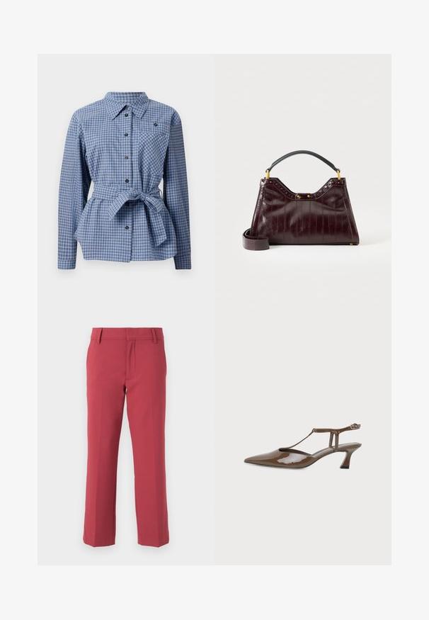 Chemise à carreaux bleue et blanche avec un front boutonné, des manches longues, une taille ceinturée et une poche poitrine. Elle présente des boutons noirs et un col bien net.; CLOSED SERANDON - Pantalon classique - cherry red; Chaussure slingback en cuir verni marron, bout pointu, petit talon kitten, fine bride en T et fermeture à boucle à la cheville.; Sac à main en cuir bordeaux foncé avec motif texturé, poignée supérieure noire, accessoires dorés et bandoulière amovible sur fond blanc.