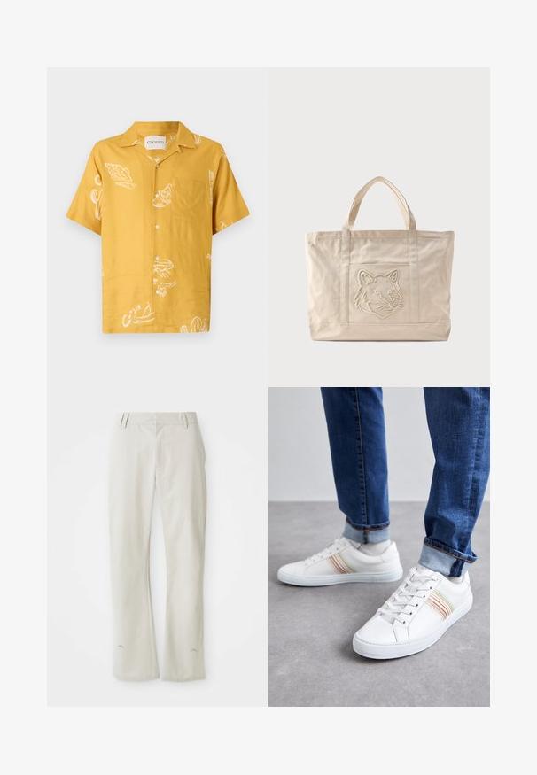 Korte mouwen overhemd van mosterdgele stof met witte voedselgerelateerde grafieken en een borstzak. Knopsluiting met een casual pasvorm.; Lichtgrijze, rechte broek van soepel materiaal. Voorzien van zijzakken, ceintuurlussen en een subtiel logo nabij de zoom.; Witte leren sneakers met meerkleurige strepen, vetersluiting, rubberen zool en gevoerd kraagje, gecombineerd met blauwe spijkerbroek.; Beige canvas tas met dubbele handvatten en een reliëf ontwerp van een wolfskop op het voorvak.