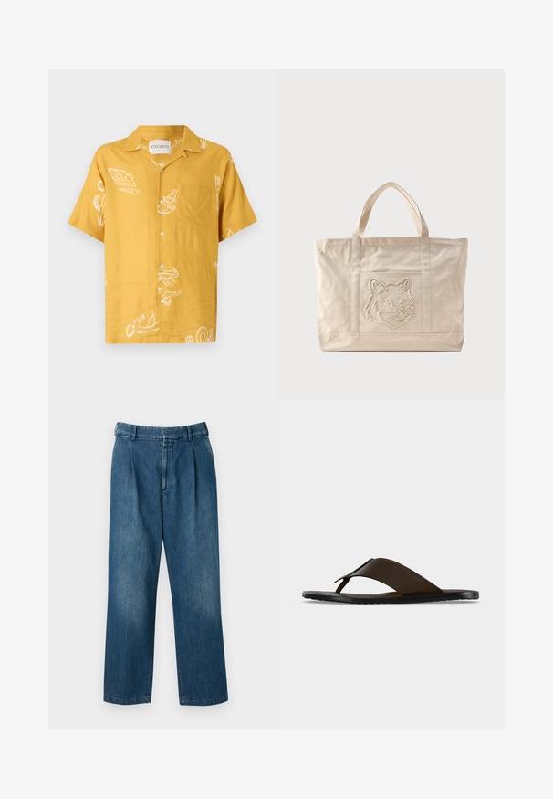 Chemise à manches courtes en tissu jaune moutarde avec des motifs alimentaires blancs et une poche poitrine. Design à boutons avec une coupe décontractée.; Pantalons en denim bleu avec un design à jambes droites, dotés d'une taille haute, de plis à l'avant et d'une fermeture à bouton classique. Texture lisse.; Sandale tong en cuir marron foncé avec une large sangle à la cheville et une semelle plate noire, montrée de profil sur fond gris.; Sac fourre-tout en toile beige avec doubles anses et un motif en relief de tête de loup sur la poche avant.