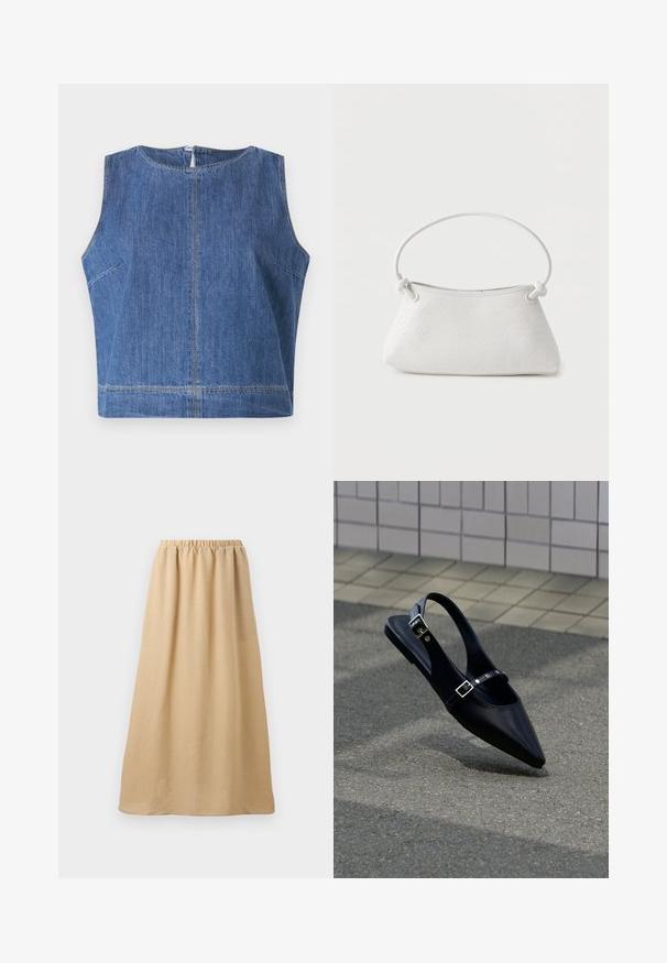 Top sans manches en jean bleu avec un col rond, une coupe droite et des détails de couture visibles le long des coutures et de l'ourlet.; Jupe longue beige avec taille élastique, en tissu texturé léger, présentée sur fond blanc uni.; Mocassin noir à bout pointu et bride arrière, avec double boucle, posé sur un asphalt gris près d'un mur carrelé en arrière-plan.; Sac à main en cuir tressé blanc avec poignée arrondie et extrémités de lanière nouées, présenté sur un fond uni.