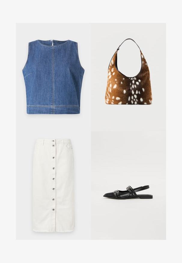 Top de mezclilla azul sin mangas con escote redondo, corte recto y detalles de costura visibles a lo largo de las costuras y el dobladillo.; Falda midi de denim blanco con cierre de botones en el frente, dos bolsillos laterales y acentos bordados en la cinturilla. Presenta un dobladillo sin terminar.; Even&Odd by Zalando Bailarinas con tira trasera - black; Bolso marrón y negro con textura de piel blanca con manchas y una sola correa negra para el hombro sobre un fondo liso.