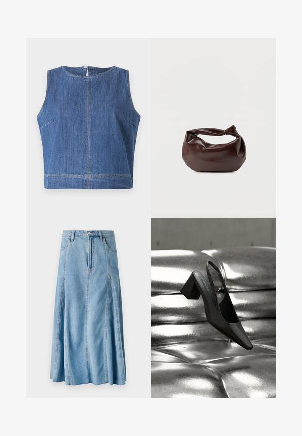 Top de mezclilla azul sin mangas con escote redondo, corte recto y detalles de costura visibles a lo largo de las costuras y el dobladillo.; Falda de mezclilla azul claro con diseño acampanado, que presenta un cierre de botón, presillas para cinturón y detalles de costura vertical. Largo hasta la mitad de la pantorrilla.; Tacón destalonado negro con punta en forma de pico, con superficie texturizada y tacón ancho y grueso. Colocado sobre un fondo metálico brillante.; Bolso de hombro de cuero marrón oscuro con una forma suave y caída, y un asa con nudo torcido sobre un fondo blanco liso.