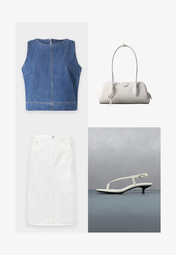 Top de mezclilla azul sin mangas con escote redondo, corte recto y detalles de costura visibles a lo largo de las costuras y el dobladillo.; Falda de mezclilla blanca con cremallera frontal, diseño de cinco bolsillos y silueta recta con acentos de costura.; Sandalia blanca de tacón kitten con tiras y punta afilada, flotando sobre un suelo de baldosas de madera al aire libre, con un fondo desenfocado de plantas y pared.; Bolso de hombro blanco de Calvin Klein con asas largas, forma rectangular, cierre de cremallera y charm decorativo con el logo colgando cerca del asa.