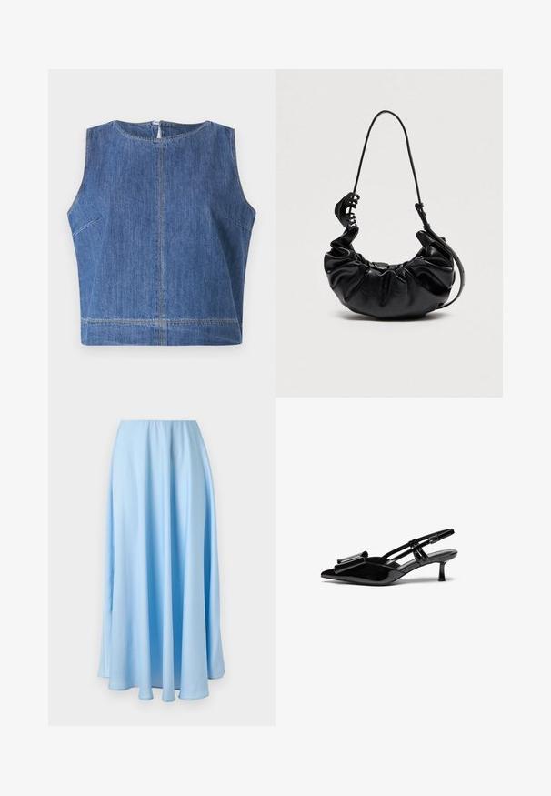 Top de mezclilla azul sin mangas con escote redondo, corte recto y detalles de costura visibles a lo largo de las costuras y el dobladillo.; Falda azul claro hasta el suelo, de talle alto, con pliegues suaves y una textura de tela fluida y lisa.; Zapatos de tacón slingback de charol negro con punta afilada, detalle de lazo en el frente y un pequeño tacón de aguja. Las correas tienen hebillas ajustables.; Bolso de mano negro de cuero fruncido con correa ajustable para el hombro y gran clip para el cabello negro sujeto a la correa sobre fondo liso.