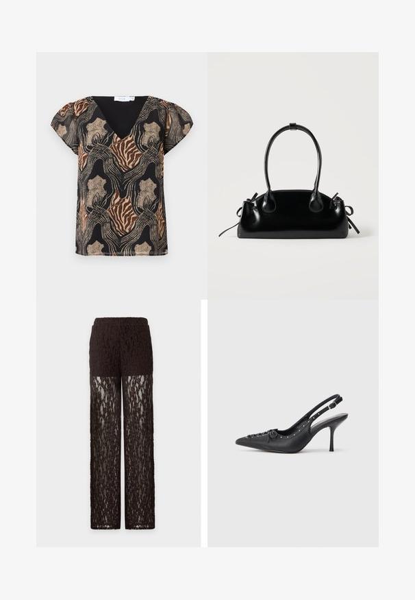 Blouse à manches courtes avec une base noire, présentant un imprimé abstrait multicolore en or, marron et beige. Design en V avec une texture douce.; Pantalon en dentelle marron avec partie haute de la cuisse opaque et jambes en dentelle transparente, coupe droite et taille élastique.; Escarpin en cuir noir à talon aiguille avec un bout pointu, une bride latérale à boucle, des clous le long du bord et un laçage décoratif à l'avant.; Petit sac à main noir brillant avec deux longues anses et des détails à cordon sur les côtés sur un fond clair uni.