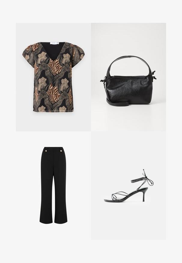 Blouse à manches courtes avec une base noire, présentant un imprimé abstrait multicolore en or, marron et beige. Design en V avec une texture douce.; Pantalons larges noirs avec une texture lisse, dotés d'une taille haute, de deux boutons dorés et d'un design ajusté. Pas de poches visibles.; Sandale noire à talons hauts avec lanières fines à la cheville et talon stiletto de hauteur moyenne sur fond blanc.; Sac à main en cuir noir au design structuré, avec une poignée arrondie et une bandoulière amovible. Présente une texture lisse et un éclat subtil.