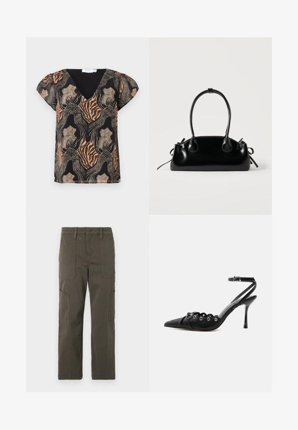Kurzärmlige Bluse mit schwarzem Grund, die ein mehrfarbiges abstraktes Muster in Gold, Braun und Beige zeigt. V-Ausschnitt-Design mit weicher Textur.; Good American CROPPED PANTS - Cargohose - fatigue; Schwarzer, spitzer High-Heel-Schuh mit geschwungenen Kanten, Metallösen, Schnürung vorne und Knöchelriemen mit Schnallverschluss.; Kleine schwarze glänzende Handtasche mit zwei langen Griffen und seitlichen Kordelzug-Details vor einfachem hellem Hintergrund.