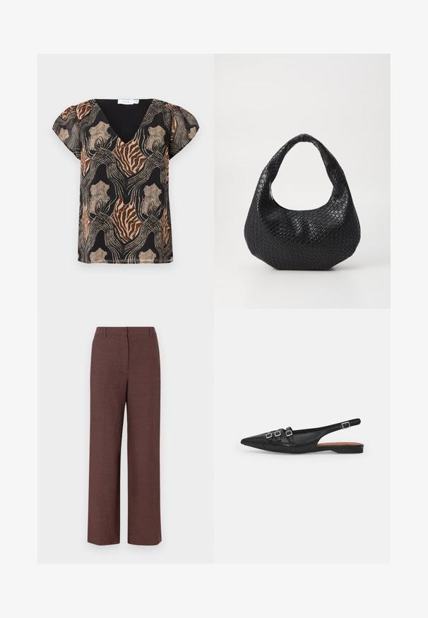 Kortærmet bluse med sort bund, der har et multifarvet abstrakt print i guld, brun og beige. V-hals design med blød tekstur.; Brune bredbensbukser lavet af tekstureret stof med en glat finish, med flad front, bæltesløjfer og sidelommer.; Sort læderslyngeflad sko med spids tå, der har to vandrette stropper og firkantede sølvspænder, lav hæl og glat tekstur.; Sort flettet håndtaske med et buet håndtag, der har en struktureret overflade og en afslappet form. Glat finish med en organisk silhuet.
