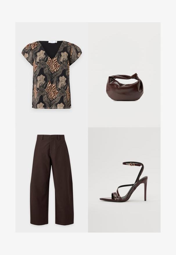 Kurzärmlige Bluse mit schwarzem Grund, die ein mehrfarbiges abstraktes Muster in Gold, Braun und Beige zeigt. V-Ausschnitt-Design mit weicher Textur.; Dunkelbraune Hose mit weitem Bein, Gürtelschlaufen und vorderen Nahtdetails, auf einem einfarbigen hellen Hintergrund dargestellt.; Bordeaux-farbenes Lackleder-High-Heel-Sandale mit einem Knöchelriemen, spitzem Zehenbereich und drei horizontalen Riemen über dem Fuß. Details mit goldfarbener Schnalle.; Dunkelbraune Lederschultertasche mit weicher, lockerer Form und einem gedrehten Knotengriff vor schlichtem weißem Hintergrund.