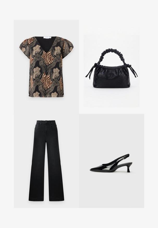 Blouse à manches courtes avec une base noire, présentant un imprimé abstrait multicolore en or, marron et beige. Design en V avec une texture douce.; Pantalons en denim noir à jambes larges avec une taille ajustée, dotés de passants de ceinture, de poches avant et arrière, et d'une texture lisse.; Escarpins en cuir verni noir avec un bout pointu et un petit talon carré. Sangle réglable à la cheville avec boucle.; Sac à main noir avec texture crocodile, bord supérieur froncé, poignée plissée et pompons à cordon de chaque côté sur fond blanc.