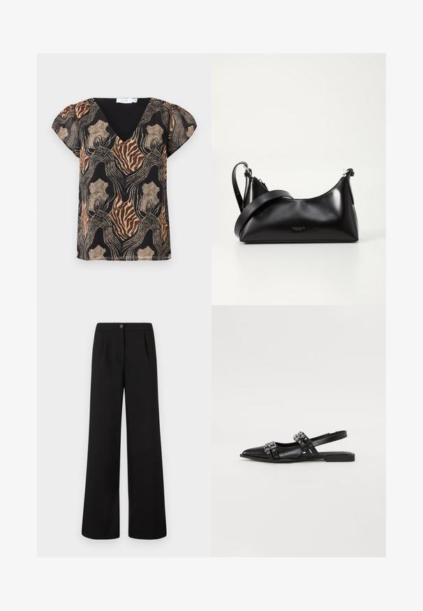 Blouse à manches courtes avec une base noire, présentant un imprimé abstrait multicolore en or, marron et beige. Design en V avec une texture douce.; Pantalons larges noirs taille haute avec bouton et fermeture éclair à l'avant, comportant des plis subtils sous la ceinture.; Even&Odd Ballerines à brides arrière - black; Sac à main en cuir noir avec une texture lisse. Dispose d'une bandoulière adjustable et d'un design élégant et minimaliste avec une fermeture éclair.