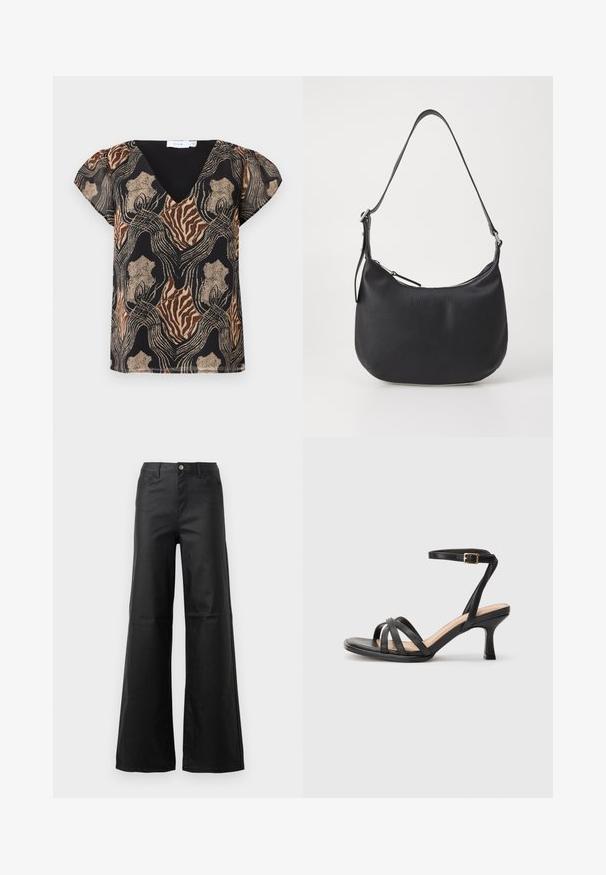 Kortærmet bluse med sort bund, der har et multifarvet abstrakt print i guld, brun og beige. V-hals design med blød tekstur.; Sorte brede jeans lavet af glat denim, med knaplukning, forlommer og højtaljede design.; Sorte høje hæle sandaler med flere tynde stropper over tæerne, en enkelt ankelstrop med en gylden spænde og en firkantet tå.; Sort læder skuldertaske med en buet form, lynlåslukning og justerbar skulderrem. Har prægede brandlogoer på forsiden.