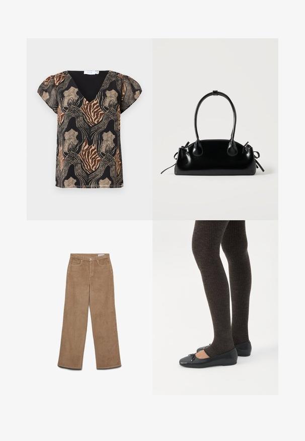 Blusa de manga corta con base negra, que presenta un estampado abstracto multicolor en dorado, marrón y beige. Diseño de escote en V con textura suave.; Pantalones de pana de pierna ancha en color marrón. Presentan una tela texturizada, cinco bolsillos y cierre de botón. Corte recto desde la cadera hasta el dobladillo.; Piernas con leggings oscuros acanalados combinados con bailarinas negras que presentan pequeños detalles de lazo sobre un fondo blanco.; Pequeño bolso negro brillante con dos asas largas y detalles de cordón lateral sobre un fondo claro liso.