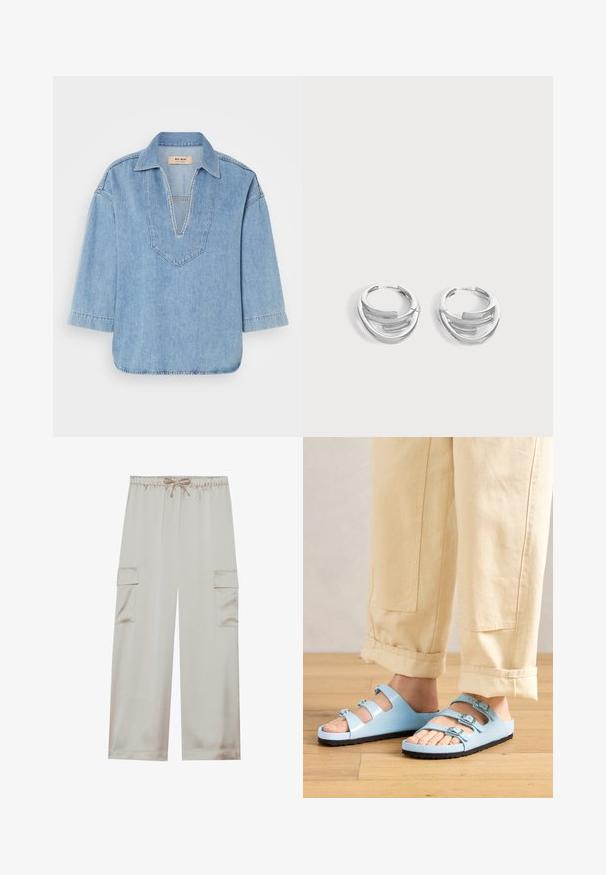 Lys blå denim pullover skjorte med V-hals, korte ærmer og let buet kant. Har kontrasterende syninger langs halsudskæringen.; Beige cargo bukser lavet af glat stof med elastisk talje og snor, der har to sidelommer og brede ben.; Lysblå slidesandaler med tre justerbare stropper og sølvspænder; tekstureret sål og glat overflademateriale. Båret med opkrøllede beige bukser.; Par polerede sølv hoops øreringe med lagdelt, buet stangdesign på en ensartet lys baggrund.