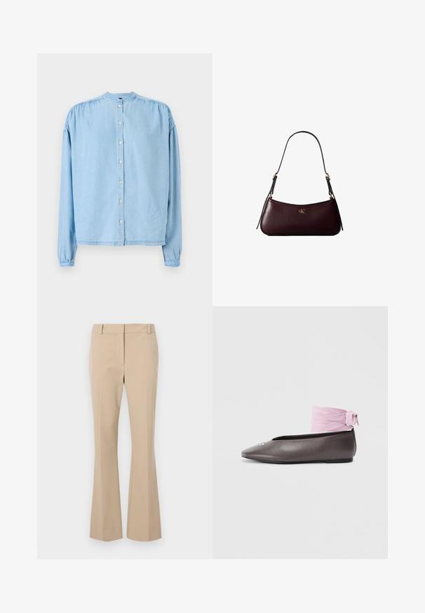 Chemise boutonnée à manches longues bleu clair en denim doux, avec un col rond, des épaules froncées et une coupe droite.; Pantalons beiges ajustés avec une coupe droite, présentant un devant plat, des passants de ceinture et une texture lisse. Pas de poches ni de motifs visibles.; Chaussure plate marron à bout pointu avec un détail décoratif en argent et un ruban rose à la cheville sur fond blanc.; Sac à main en cuir bordeaux foncé avec une fine sangle d'épaule noire et un petit logo doré "cK" au centre devant.