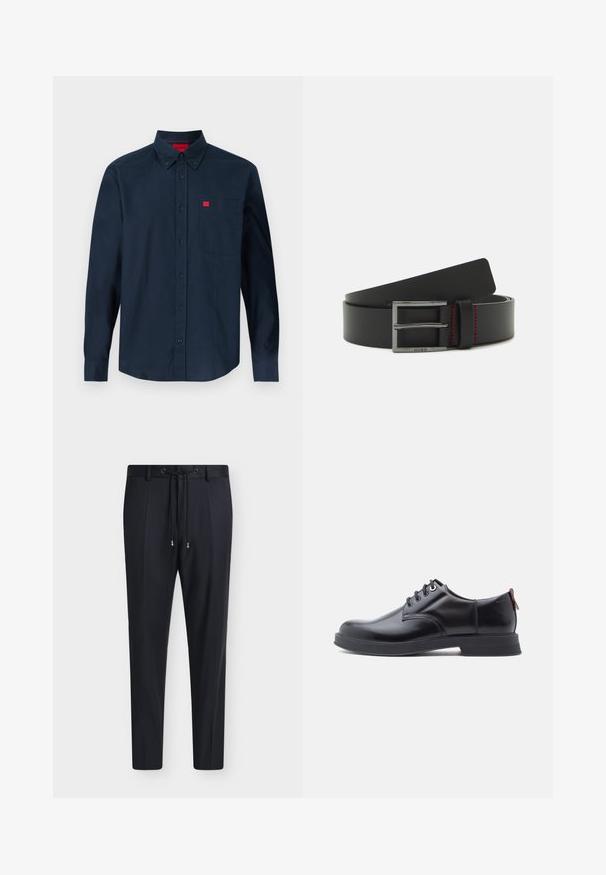 Chemise bleu marine à manches longues avec boutons, col boutonné et poche poitrine ornée d'une petite étiquette logo rouge.; Pantalon noir ajusté avec une taille à lien coulissant et de subtils plis devant, présenté sur un fond clair uni.; Chaussures en cuir noir à lacets avec une texture lisse, un bout arrondi et des détails de couture discrets. Présentent une languette rouge à l'arrière.; Ceinture en cuir noir avec une boucle rectangulaire en argent et des coutures rouges. Texture lisse avec un design classique.