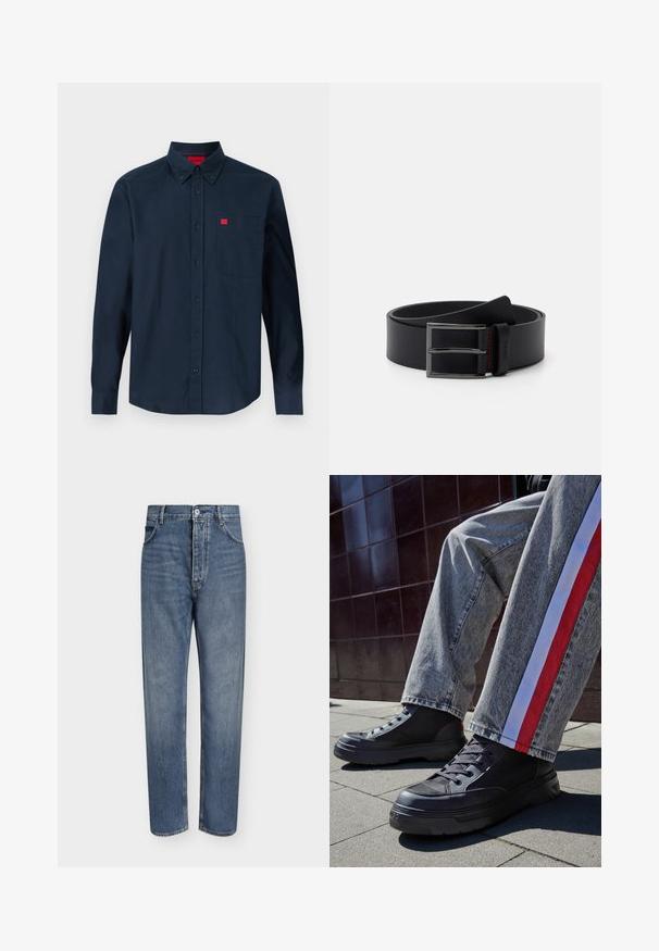Chemise bleu marine à manches longues avec boutons, col boutonné et poche poitrine ornée d'une petite étiquette logo rouge.; Jean droit en denim bleu avec taille haute, fermeture à boutons sur le devant et design à cinq poches sur un fond clair uni.; Baskets montantes noires avec des panneaux en mesh et des semelles en caoutchouc épais, accompagnées de jeans gris avec des rayures latérales rouges et blanches.; Ceinture en cuir noir au toucher lisse avec une boucle en métal argenté. Présente des surpiqûres rouges sur la boucle en cuir pour un détail supplémentaire.