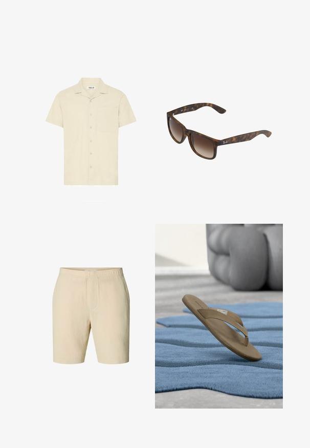 Chemise à manches courtes et col en tissu beige clair, avec une poche frontale et une fermeture à boutons composée de cinq boutons.; Short en tissu beige texturé avec une taille élastique et un design avant simple et épuré.; Tongs marron suspendues au-dessus d’un tapis bleu texturé sur un sol clair, avec un grand objet gris flou en arrière-plan.; Lunettes de soleil en écaille de tortue avec des verres dégradés bruns, de forme rectangulaire, avec des montures épaisses et un accent de logo en argent sur le côté.